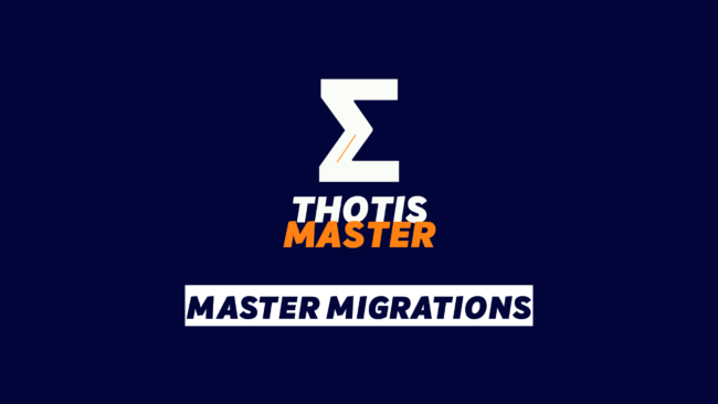 Brand logo on a dark blue background: a white geometric Z above the text 'THOTIS MASTER' with an orange accent, and a white banner reading 'MASTER MIGRATIONS' below.